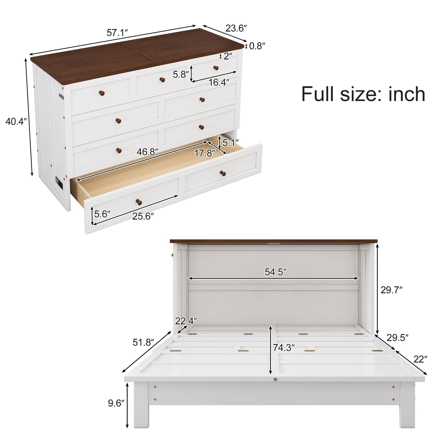 Murphy Bed Full with Storage Drawer, Solid Wood Full Size Murphy Bed Cabinet with Charging Station, Easy Fold Modern Murphy Beds for Guest Room Home Office (White+Walnut)