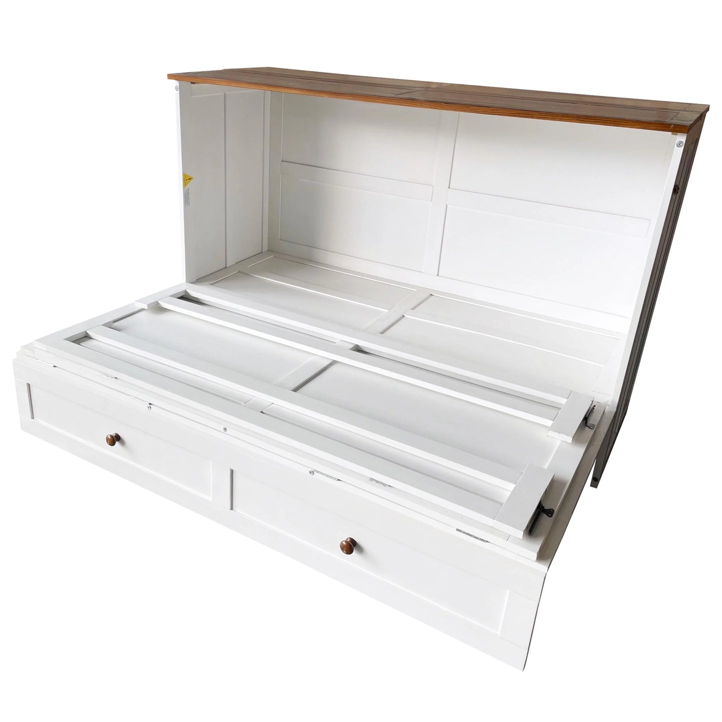 Murphy Bed Full with Storage Drawer, Solid Wood Full Size Murphy Bed Cabinet with Charging Station, Easy Fold Modern Murphy Beds for Guest Room Home Office (White+Walnut)