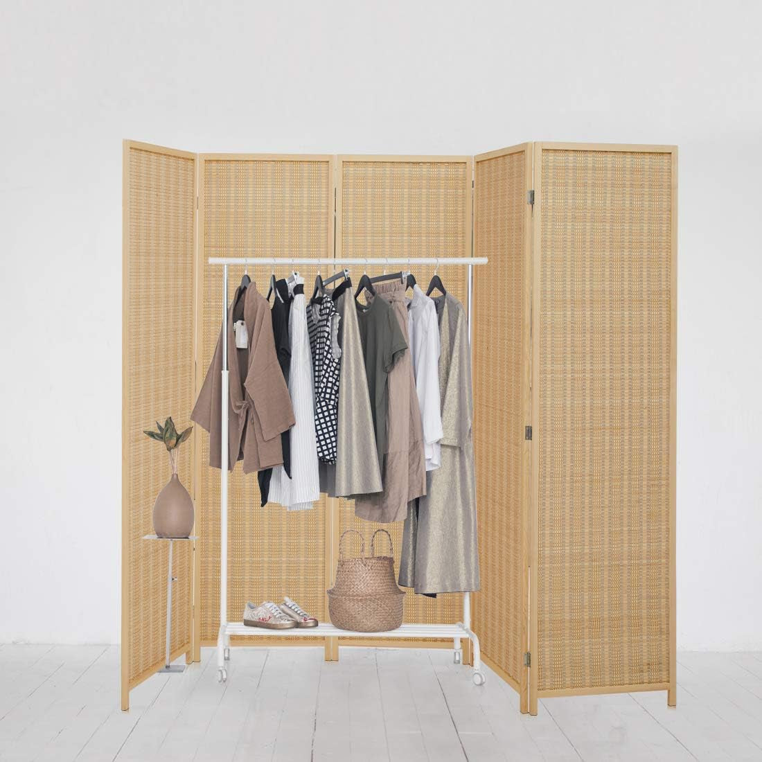 Room Divider Privacy Screen with Natural Bamboo,4-Panel 5-Panel 6-Panel Folding Privacy Screens,Freestanding Room Divider