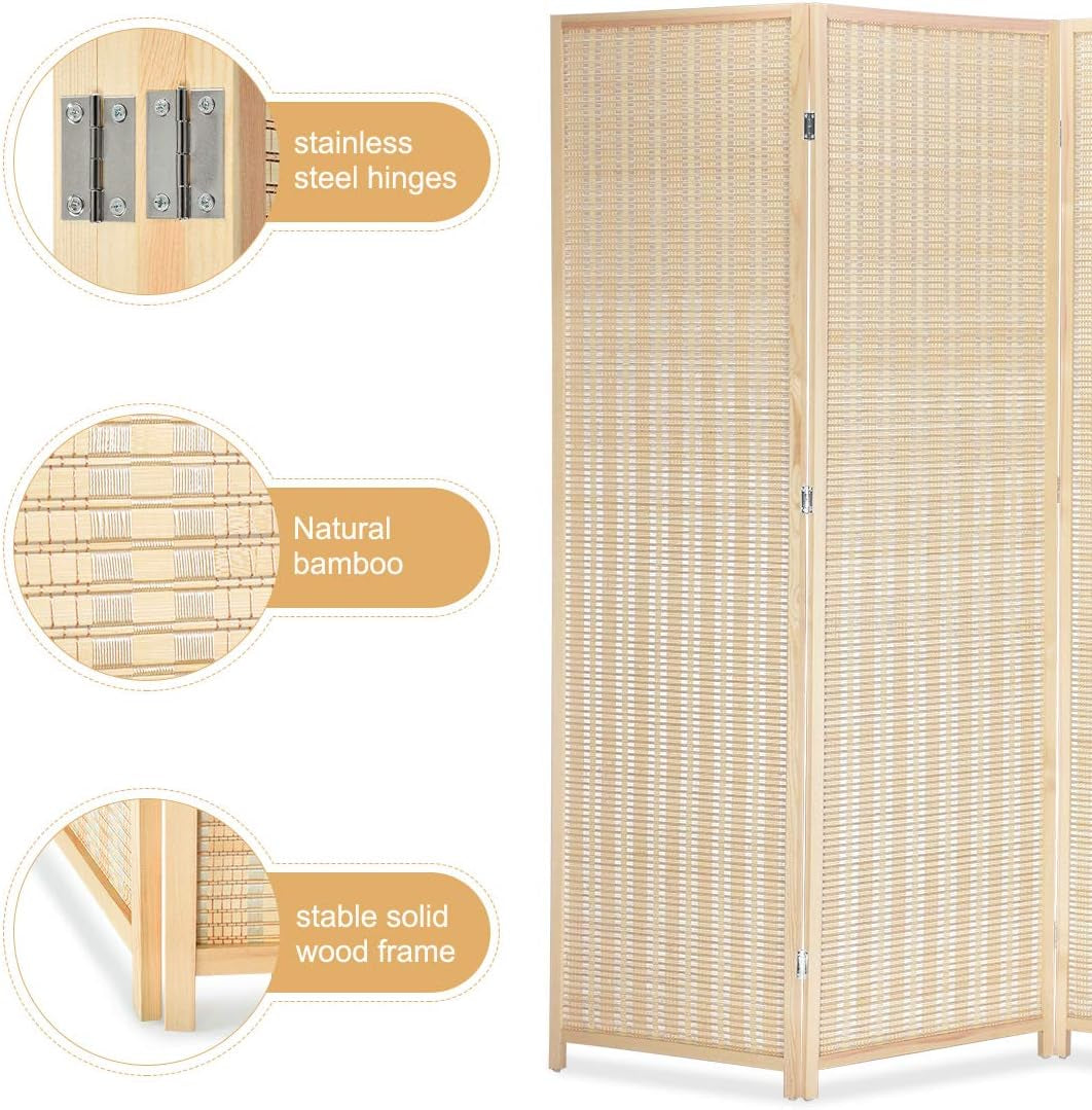 Room Divider Privacy Screen with Natural Bamboo,4-Panel 5-Panel 6-Panel Folding Privacy Screens,Freestanding Room Divider