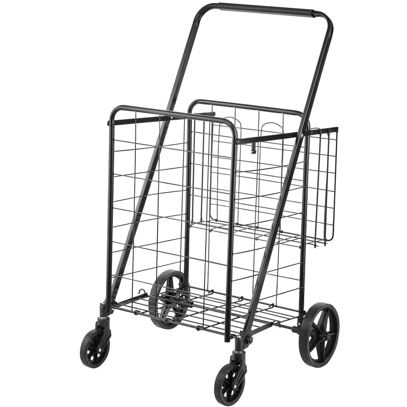 VEVOR Folding Shopping Cart, Jumbo Grocery Cart with Double Baskets, 360¡Ã Swivel Wheels, Heavy Duty Utility Cart, 110 LBS Large Capacity Utility Cart for Laundry, Shopping, Grocery, Luggage
