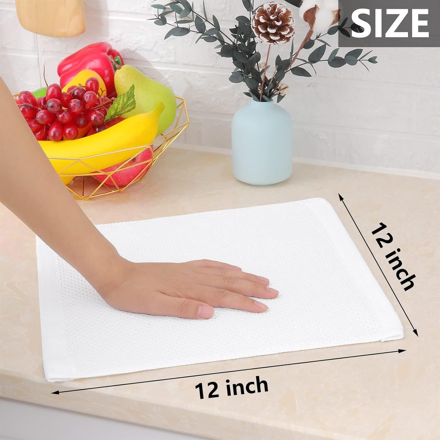 100% Cotton Waffle Weave Kitchen Dish Cloths, Ultra Soft Absorbent Quick Drying Dish Towels, 12 X 12 Inches, 6-Pack, White
