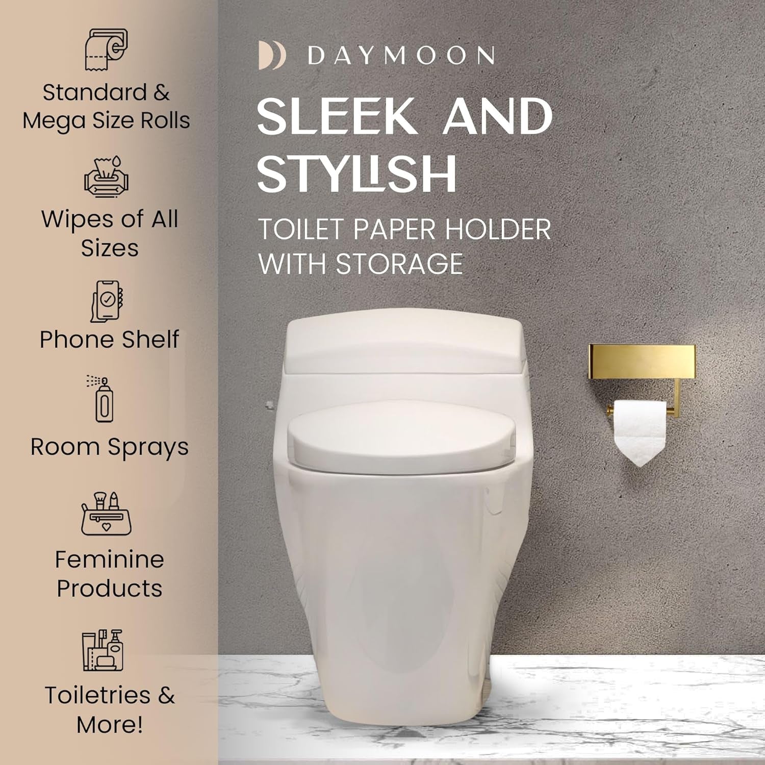 Day Moon™ Brushed Gold Toilet Paper Holder with Shelf, Wipe Holder for Bathroom Flushable Wipes Dispenser Toilet Paper and Wipes Holder, Toilet Paper Holder with Storage Toilet Paper Holder Wall Mount