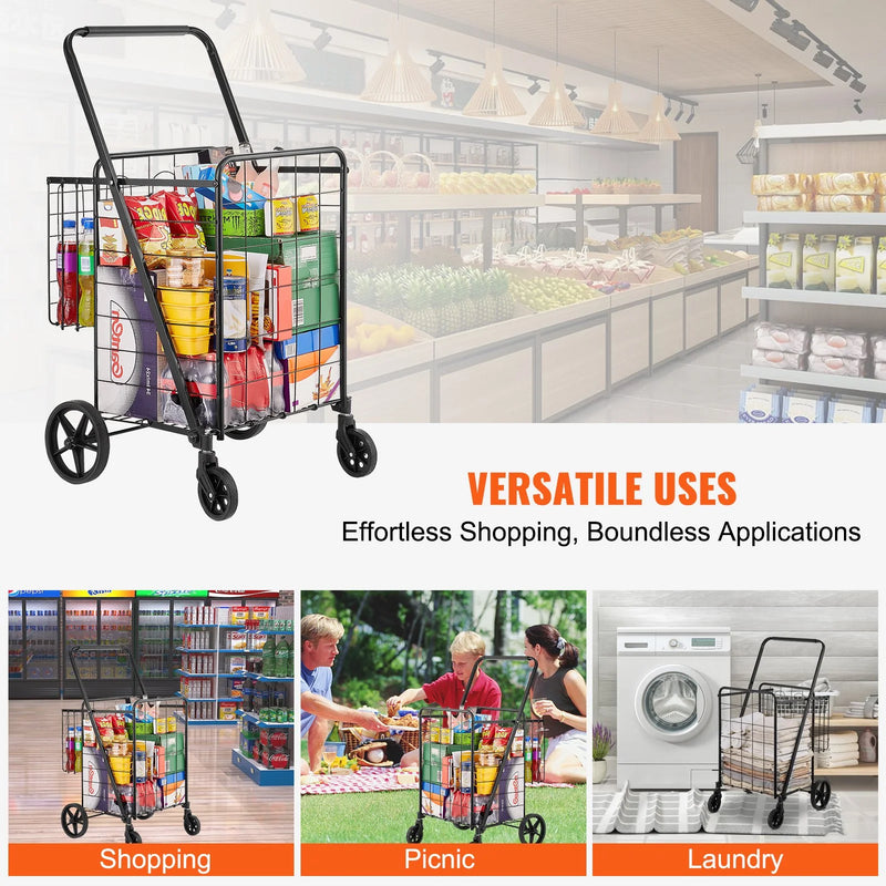 VEVOR Folding Shopping Cart, Jumbo Grocery Cart with Double Baskets, 360¡Ã Swivel Wheels, Heavy Duty Utility Cart, 110 LBS Large Capacity Utility Cart for Laundry, Shopping, Grocery, Luggage