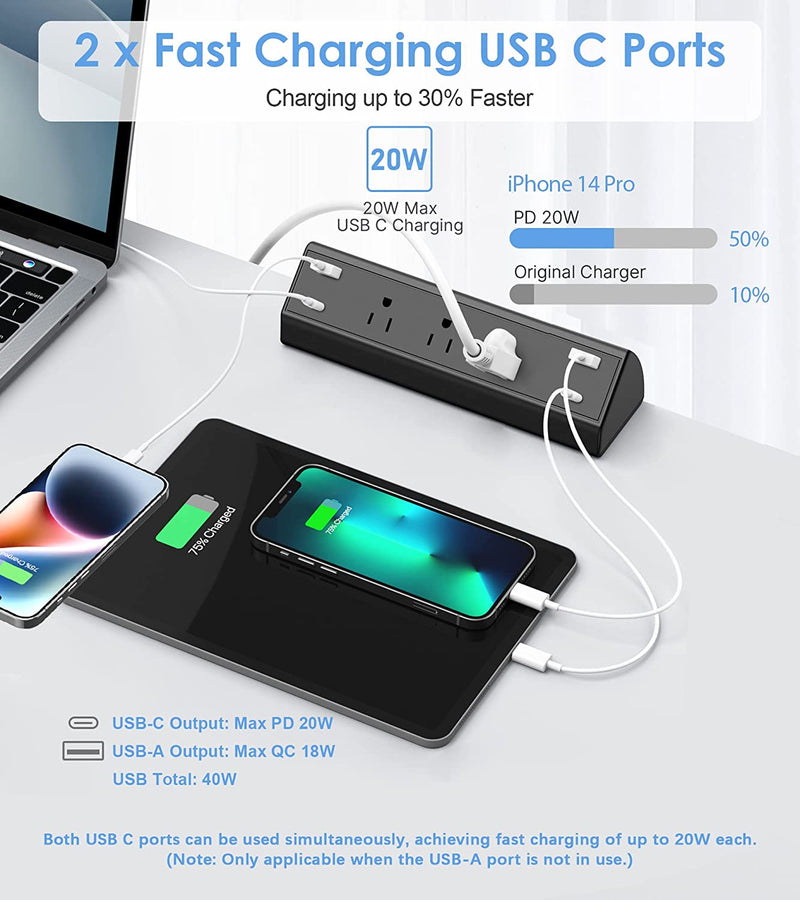 Desk Clamp Power Strip USB C,Desktop Mount Surge Protector,40W Fast Charging Station,2 PD 20W USB C Ports,3 Outlets,6Ft Flat Plug,Desk Edge Power Strip for Home,Office,Fit 1.96