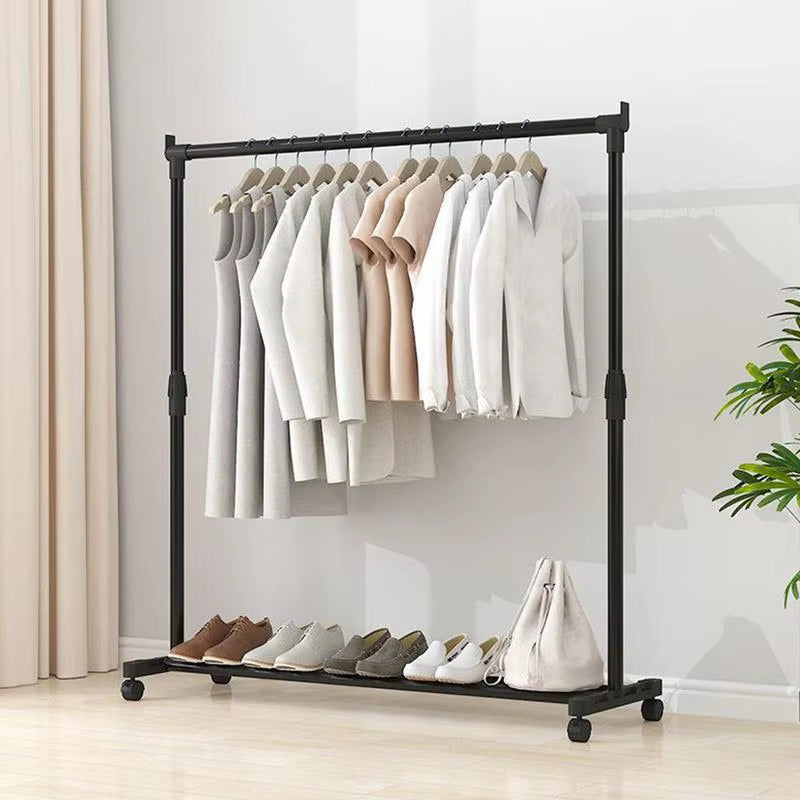Telescopic Clothes Rack Heavy-Duty Metal Garment Rack with Wheels Movable Clothes Rack Telescopic Floor Hanger for Bedroom