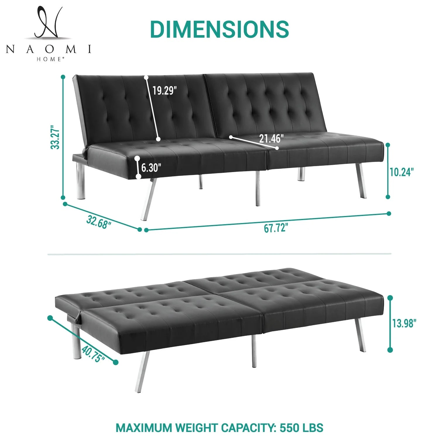 Tufted Split Back Futon Sofa Bed, Faux Leather Couch Bed, Futon Convertible Sofa Bed with Chrome Legs, Folding, Reclining Small Convertible Couch, Futon Couches for Living Room Black
