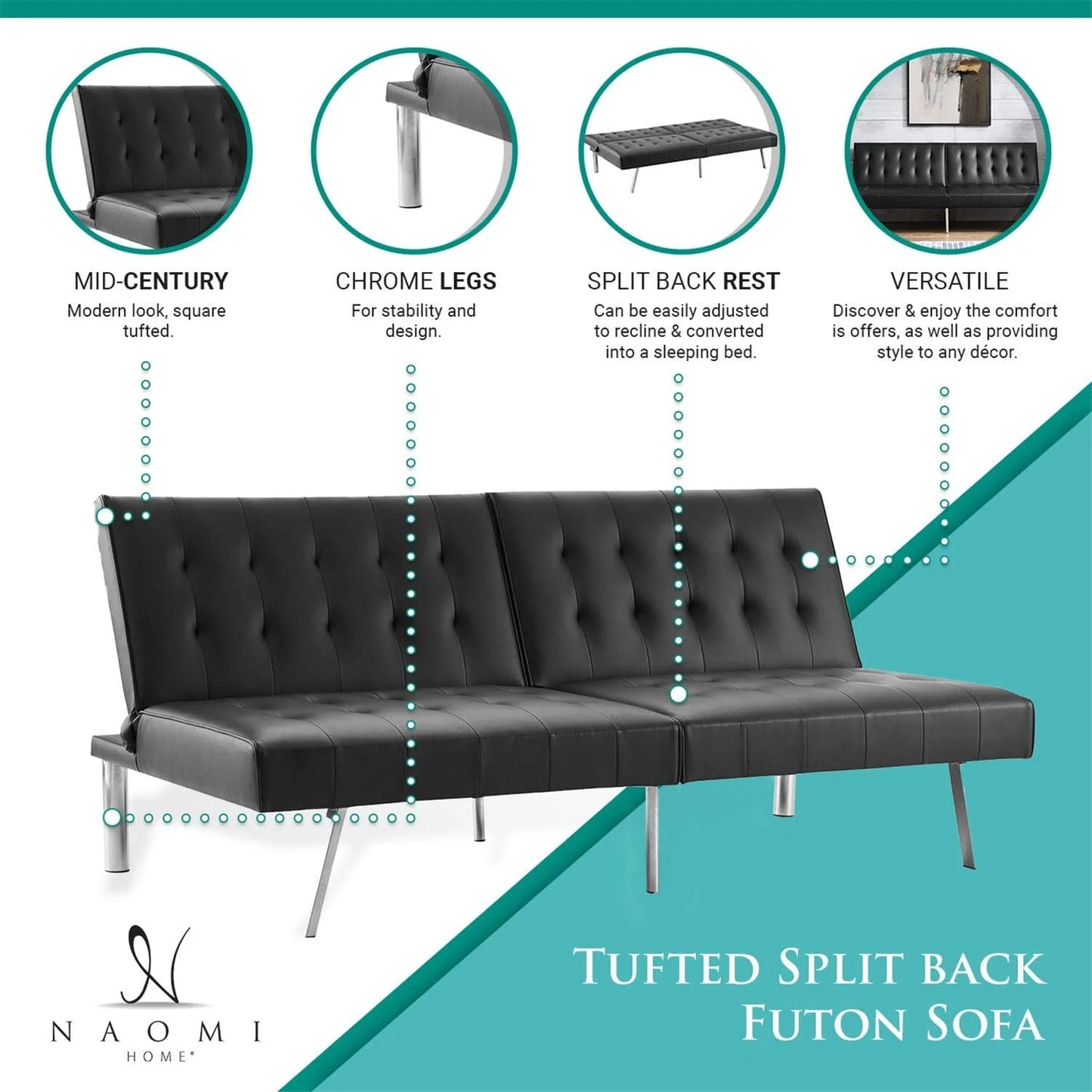 Tufted Split Back Futon Sofa Bed, Faux Leather Couch Bed, Futon Convertible Sofa Bed with Chrome Legs, Folding, Reclining Small Convertible Couch, Futon Couches for Living Room Black