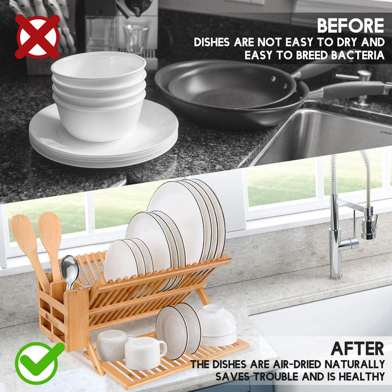 Dish Drying Rack Bamboo Kitchen Collapsible 3 Tier Drainer Rack with Utensils Flatware Holder