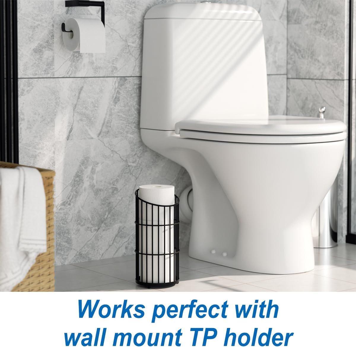 Toilet Paper Holder Stand Bathroom Toilet Paper Storage Tissue Roll Paper Reserve Holder for 3 Spare Mega Rolls-Black