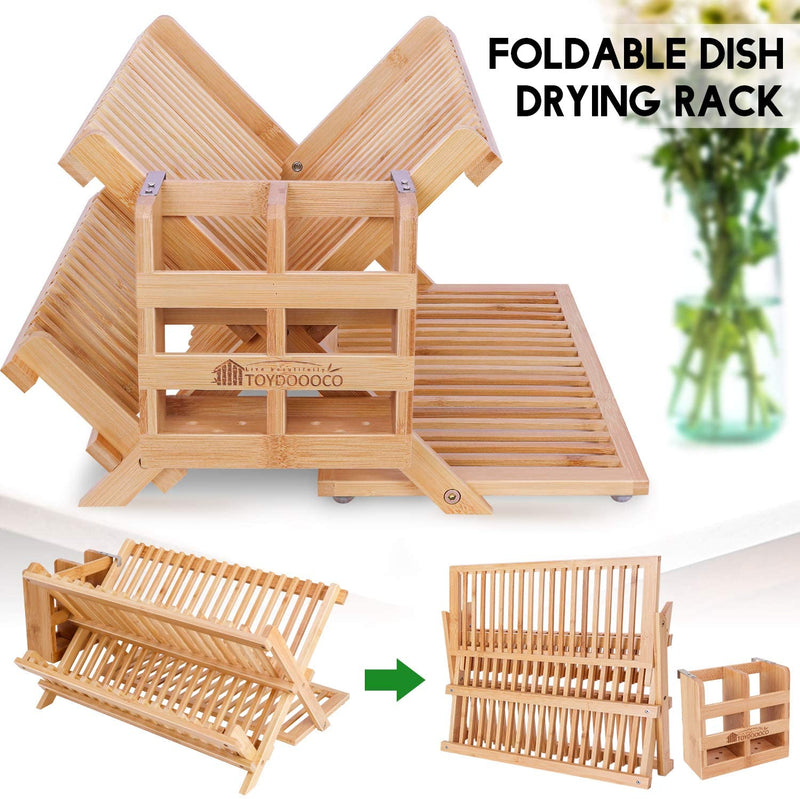 Dish Drying Rack Bamboo Kitchen Collapsible 3 Tier Drainer Rack with Utensils Flatware Holder