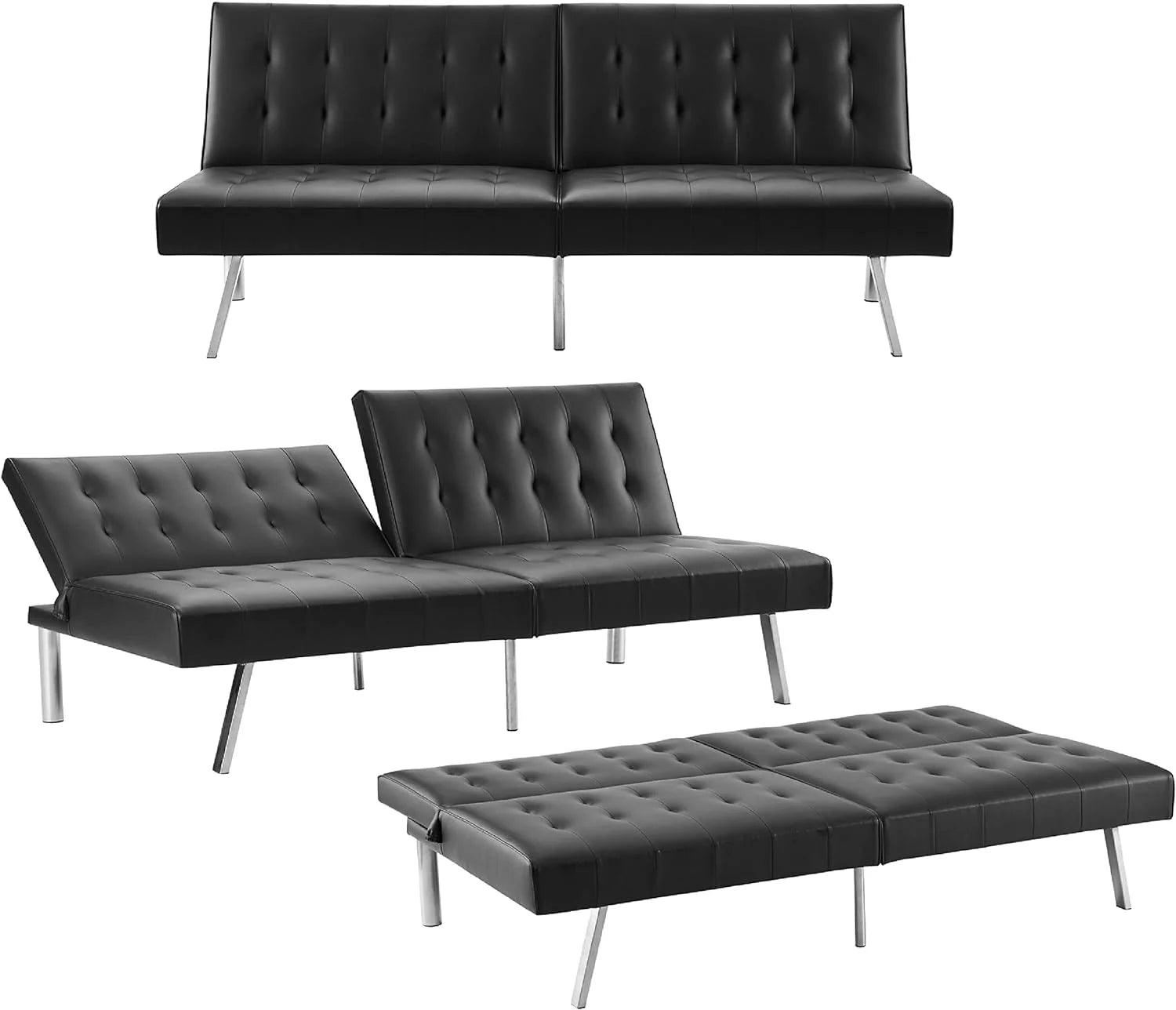 Tufted Split Back Futon Sofa Bed, Faux Leather Couch Bed, Futon Convertible Sofa Bed with Chrome Legs, Folding, Reclining Small Convertible Couch, Futon Couches for Living Room Black