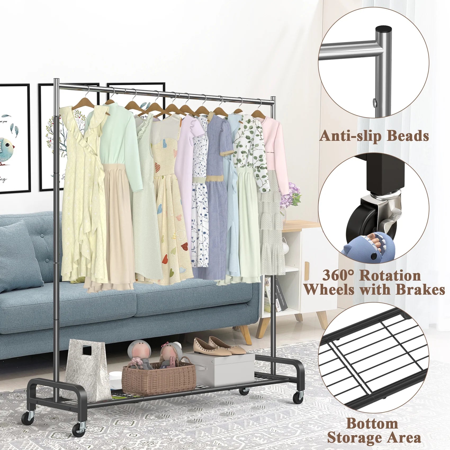 400 Lbs Heavy Duty Rolling Clothes Rack with Wheels, Portable Closet Organizer for Hanging Garment Rack