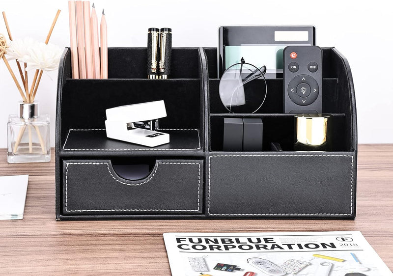 Pu Leather Desk Organizer Pen Pencil Holder Office Supplies Caddy Storage Box 6 Compartments with Drawer Black