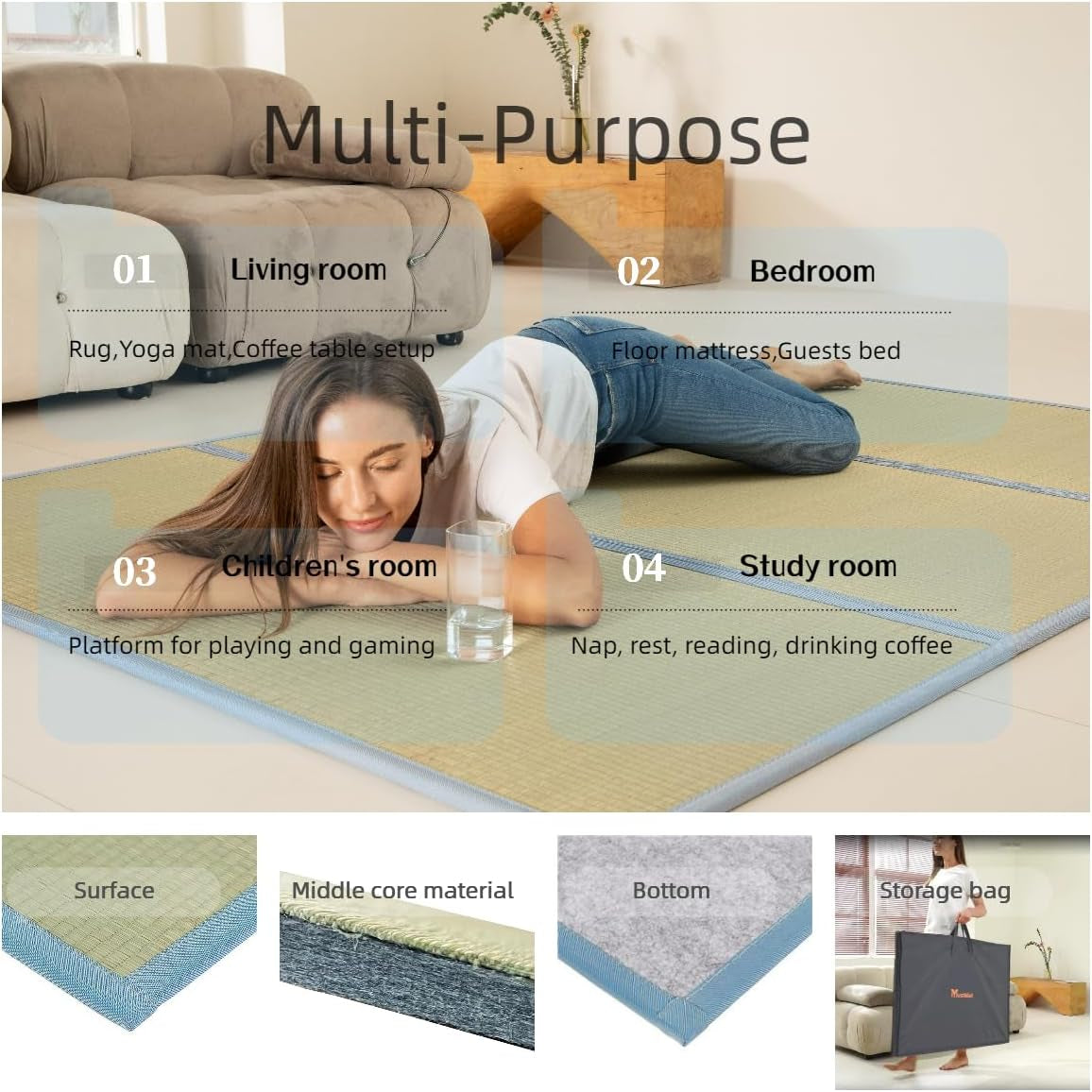 Tatami Mat Japanese Foldable Mattress Full Size Japanese Floor Bed Mattress Rush Grass (Full)