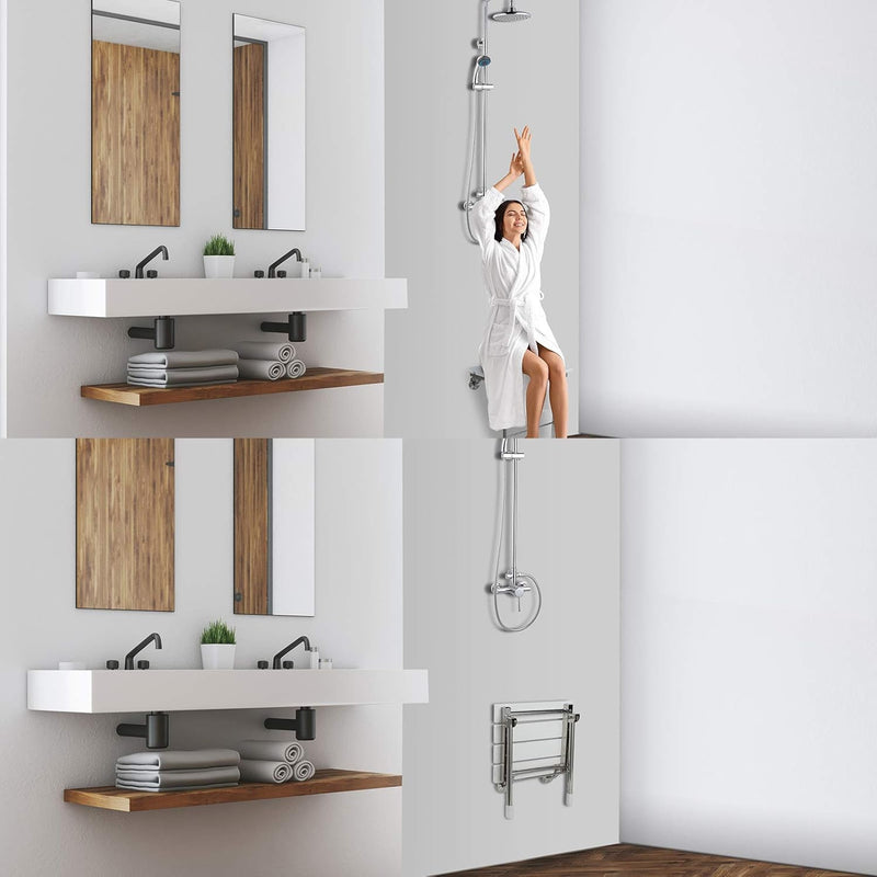 Folding Shower Seat Wall Mounted Bathroom Bathtub Safety Stool Chair, Solid Wood, with Support Legs, Load of 350 Lbs, 14.88