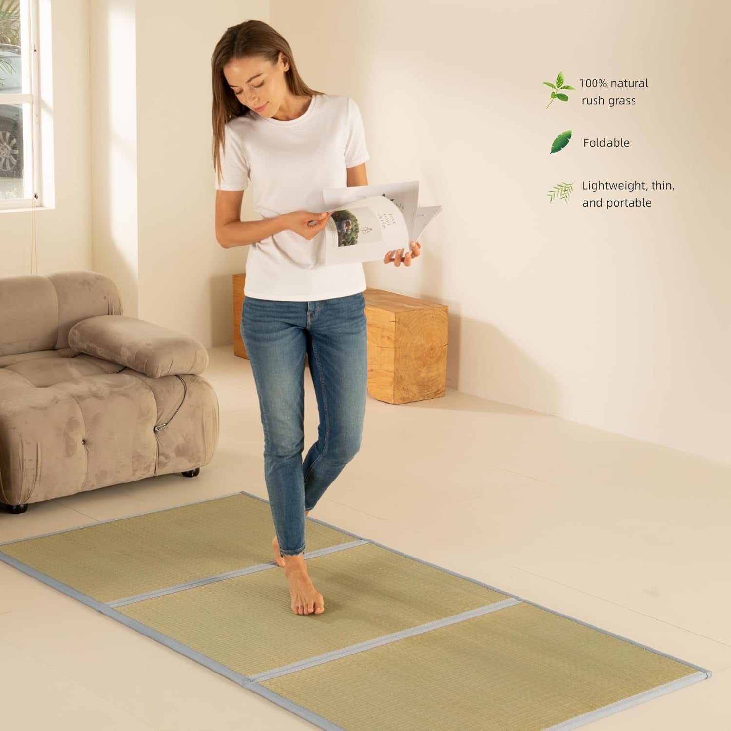 Tatami Mat Japanese Futon Mattress Portable Tatami Mattress Foldable Bed Frame Rush Grass (Twin XL)
