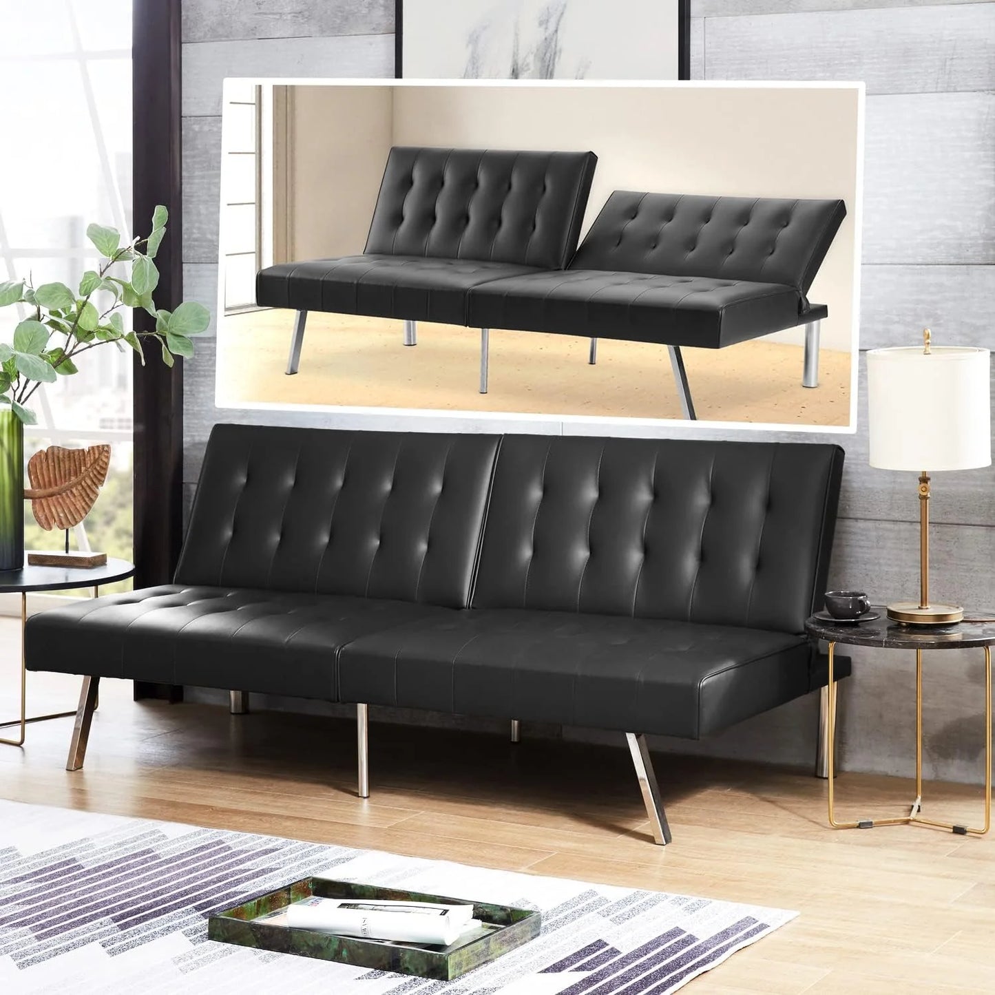 Tufted Split Back Futon Sofa Bed, Faux Leather Couch Bed, Futon Convertible Sofa Bed with Chrome Legs, Folding, Reclining Small Convertible Couch, Futon Couches for Living Room Black