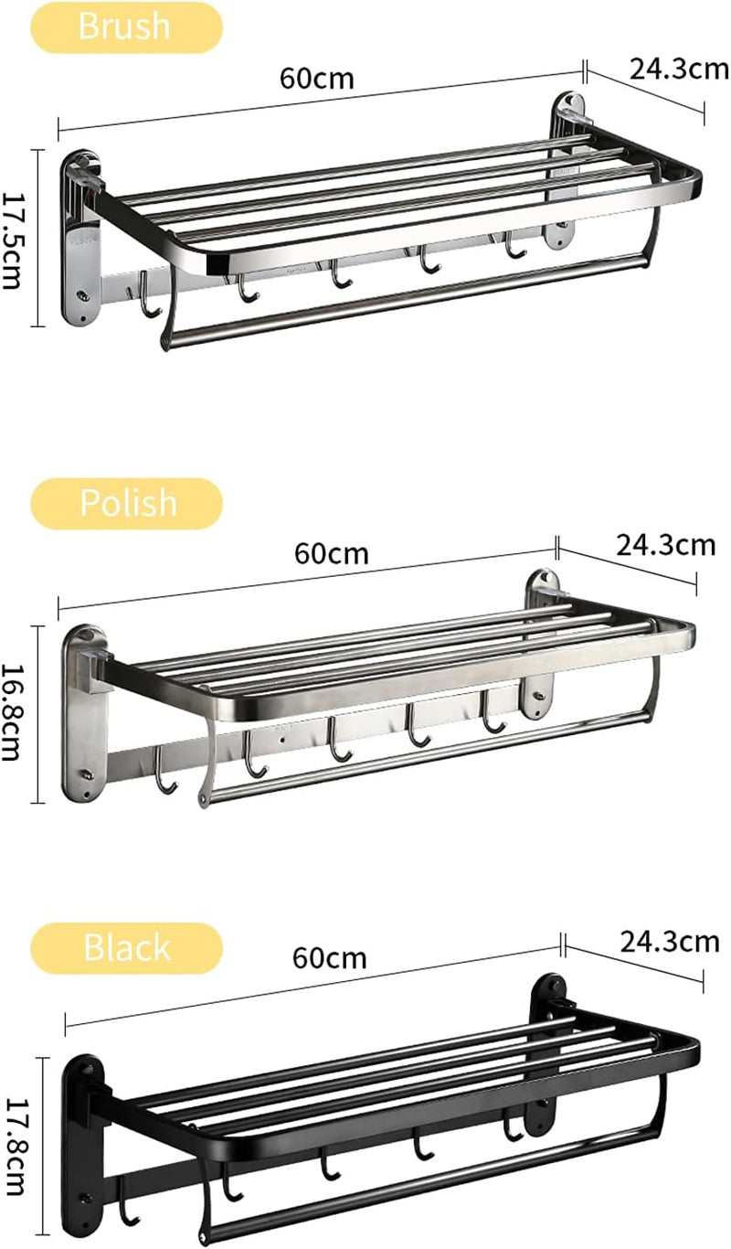 24 Inch Bathroom Shelf with Foldable Towel Bar Holder and 5 Towel Hooks Double Towel Rack for Bathroom Wall Mounted SUS304 Stainless Steel No Rust Polished Chrome Double Towel Bar