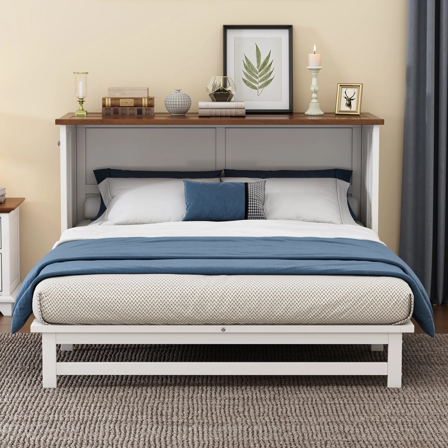 Murphy Bed Full with Storage Drawer, Solid Wood Full Size Murphy Bed Cabinet with Charging Station, Easy Fold Modern Murphy Beds for Guest Room Home Office (White+Walnut)