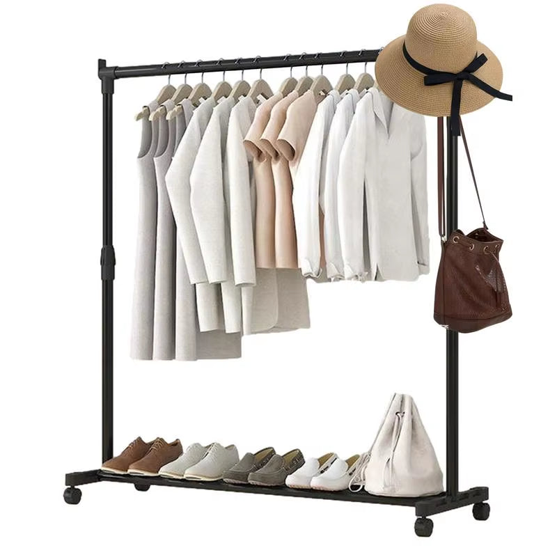 Telescopic Clothes Rack Heavy-Duty Metal Garment Rack with Wheels Movable Clothes Rack Telescopic Floor Hanger for Bedroom