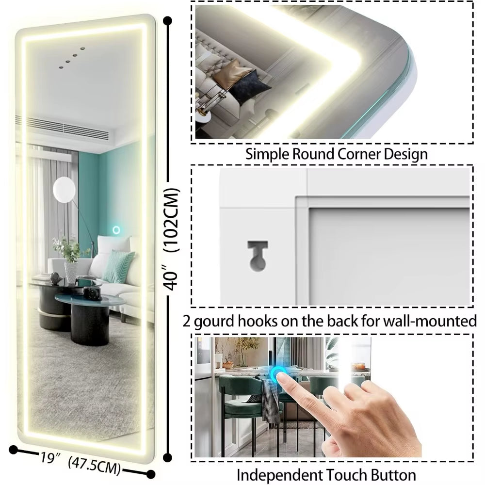 Wall Mounted Mirrors with Light,40''X19'' over the Door LED Mirror,Hanging Lights,Floor Mirror，Length Mirrors
