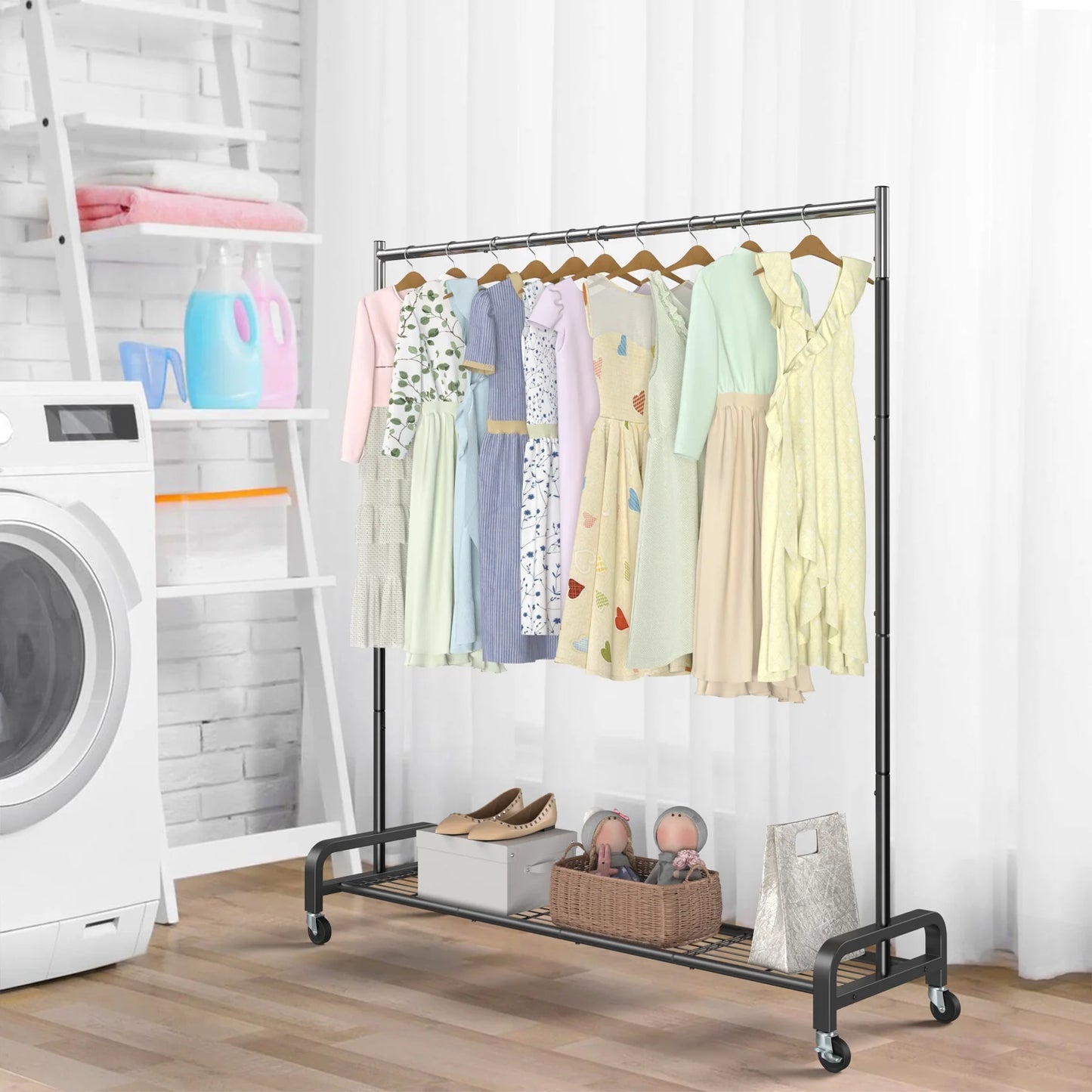 400 Lbs Heavy Duty Rolling Clothes Rack with Wheels, Portable Closet Organizer for Hanging Garment Rack