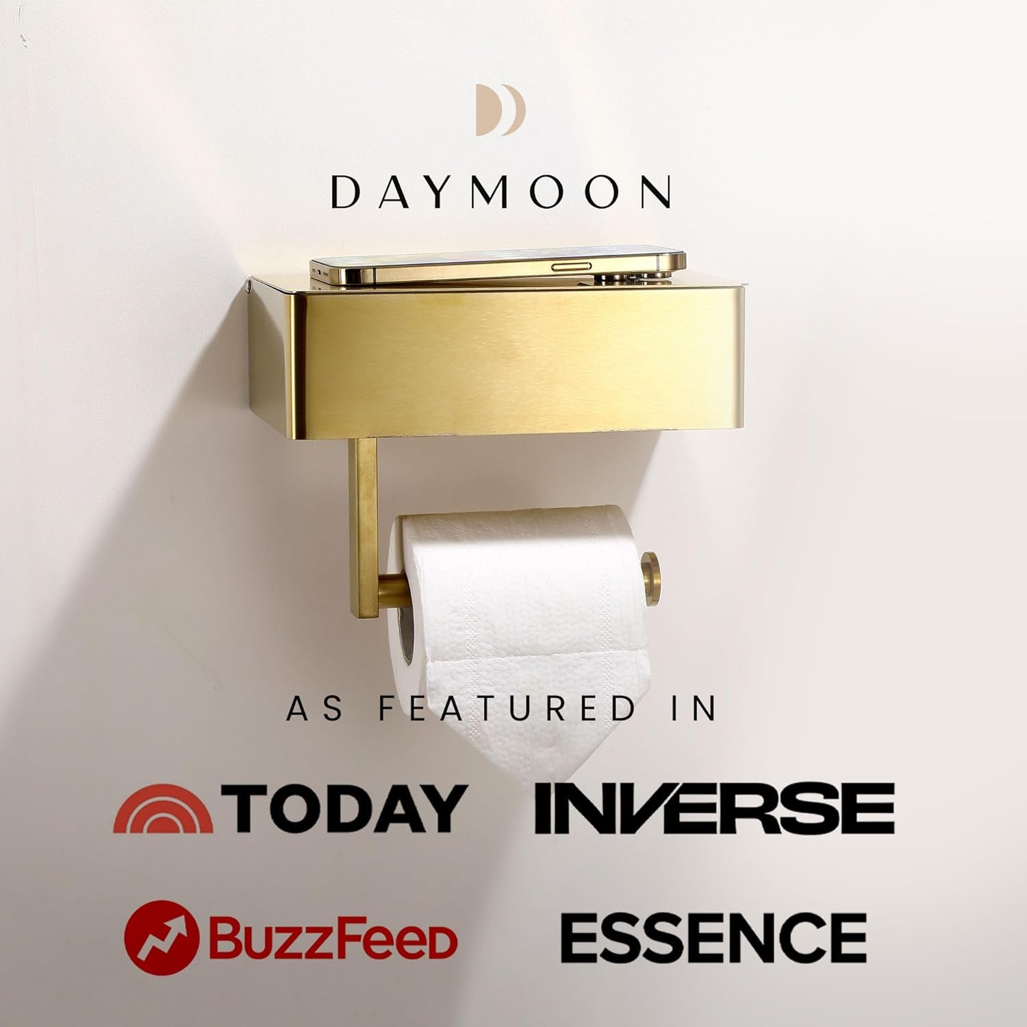 Day Moon™ Brushed Gold Toilet Paper Holder with Shelf, Wipe Holder for Bathroom Flushable Wipes Dispenser Toilet Paper and Wipes Holder, Toilet Paper Holder with Storage Toilet Paper Holder Wall Mount