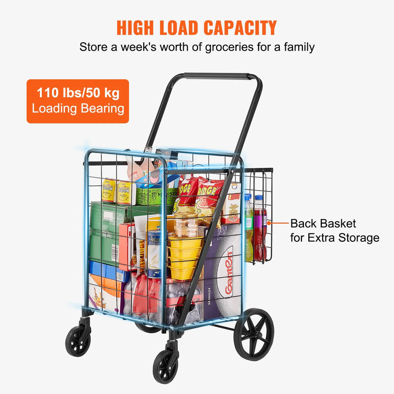 VEVOR Folding Shopping Cart, Jumbo Grocery Cart with Double Baskets, 360¡Ã Swivel Wheels, Heavy Duty Utility Cart, 110 LBS Large Capacity Utility Cart for Laundry, Shopping, Grocery, Luggage