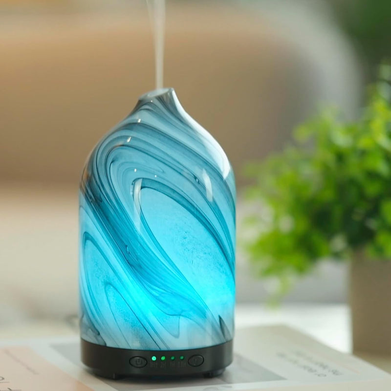 Essential Oil Diffuser Aromatherapy Diffuser - 120Ml Glass Ultrasonic Cool Mist Scent Aroma Diffuser, Whisper Quiet with Auto Shut-Off, 4 Timer Setting &7 Colors Night Light for Home (Grey Wave)