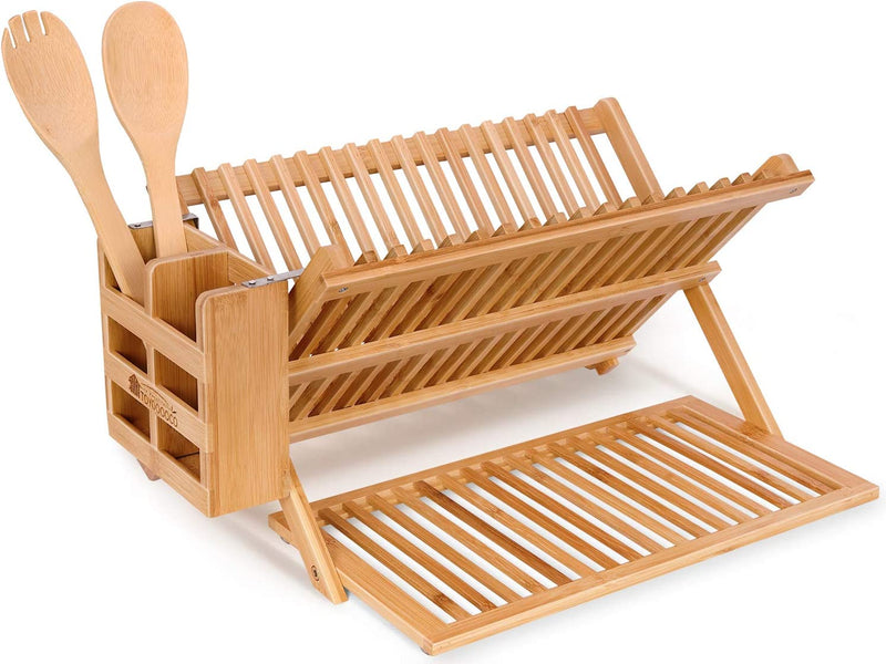 Dish Drying Rack Bamboo Kitchen Collapsible 3 Tier Drainer Rack with Utensils Flatware Holder