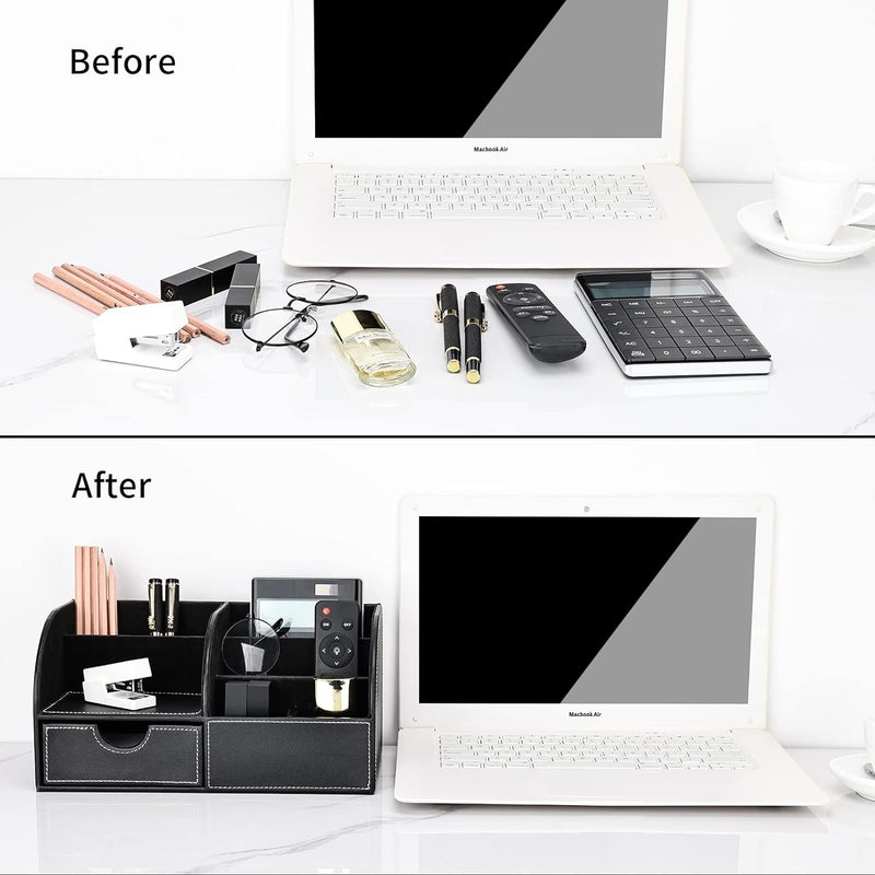 Pu Leather Desk Organizer Pen Pencil Holder Office Supplies Caddy Storage Box 6 Compartments with Drawer Black