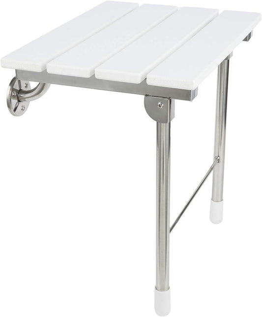 Folding Shower Seat Wall Mounted Bathroom Bathtub Safety Stool Chair, Solid Wood, with Support Legs, Load of 350 Lbs, 14.88"(L)*12"(W)*17.12"(H) (WPC)