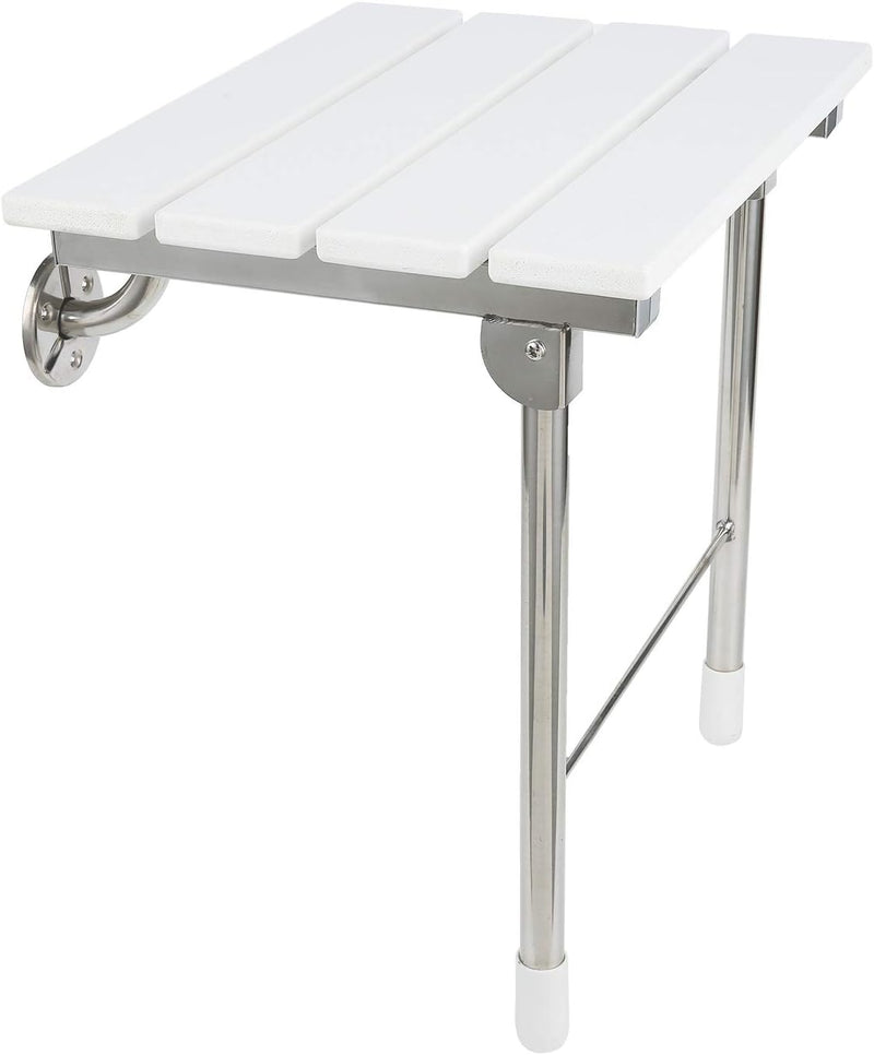 Folding Shower Seat Wall Mounted Bathroom Bathtub Safety Stool Chair, Solid Wood, with Support Legs, Load of 350 Lbs, 14.88
