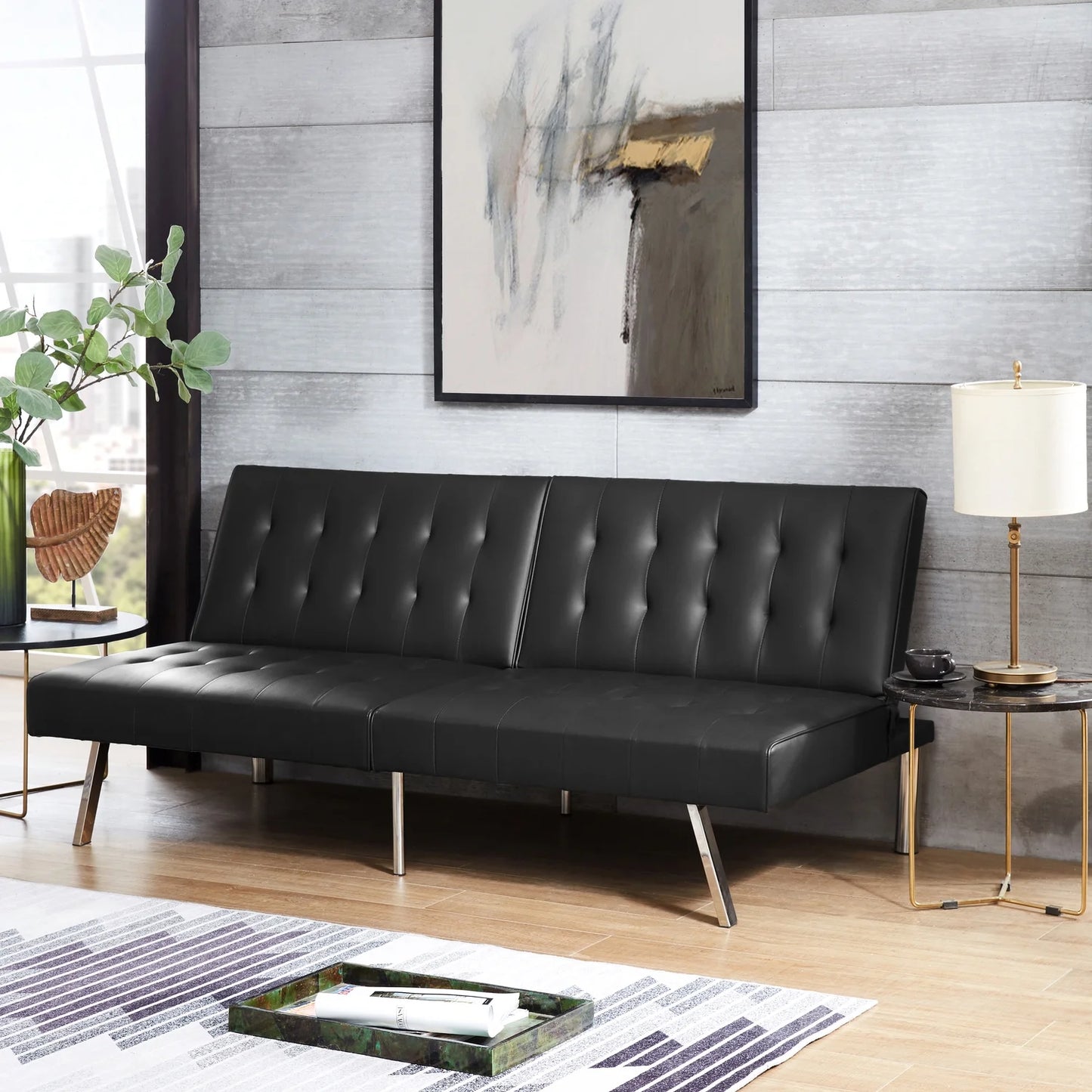 Tufted Split Back Futon Sofa Bed, Faux Leather Couch Bed, Futon Convertible Sofa Bed with Chrome Legs, Folding, Reclining Small Convertible Couch, Futon Couches for Living Room Black
