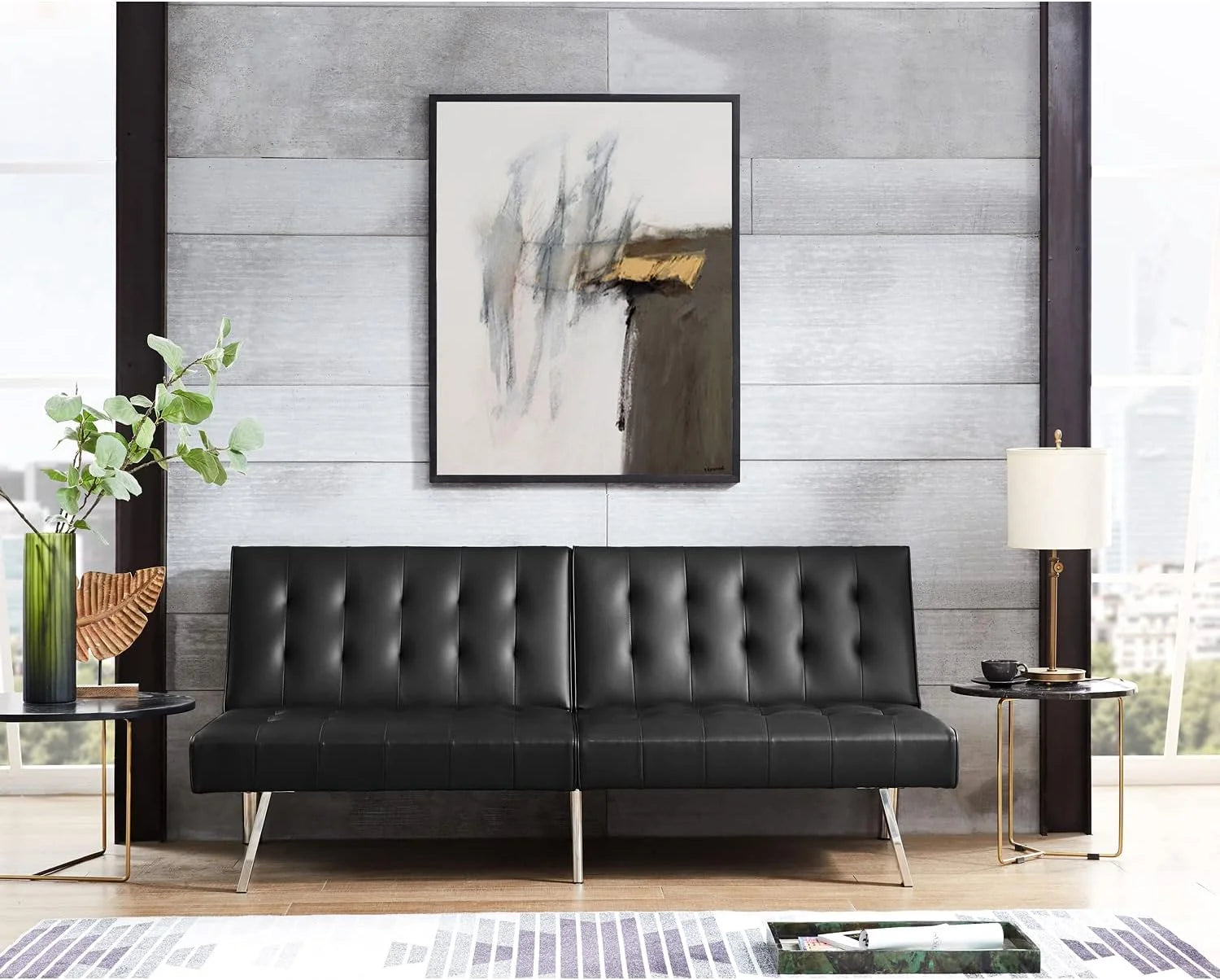 Tufted Split Back Futon Sofa Bed, Faux Leather Couch Bed, Futon Convertible Sofa Bed with Chrome Legs, Folding, Reclining Small Convertible Couch, Futon Couches for Living Room Black