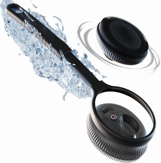 Body & Face Electric Vibrating Shower Scrubber, 4 Vibrating Modes, Extendable Handle, Detachable Head – Silicone Massage Brush, Waterproof (Black)