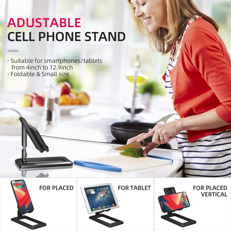 Phone Holder, Adjustable Desktop Phone Stand, Fully Foldable Phone Cradle Dock, Office Accessories, Compatible with Iphone/Kindle, All Smartphone(4-8 Inches) - Black