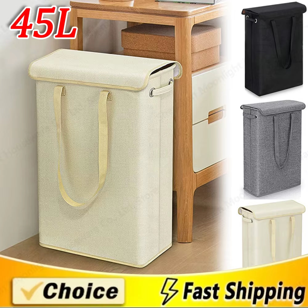 Thin Laundry Basket with Handle & Lid Slim Laundry Basket Multi-Function Narrow Laundry Hamper for Toys Clothing Organization