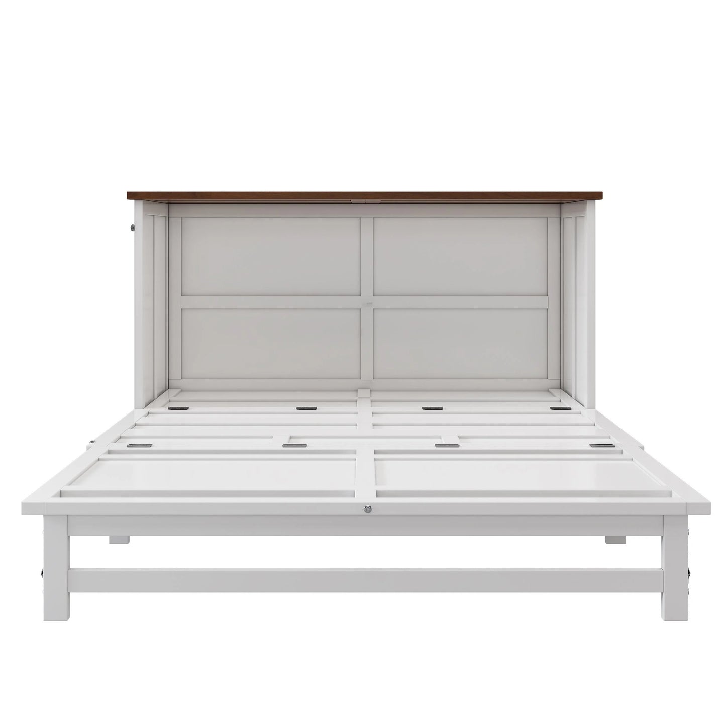Murphy Bed Full with Storage Drawer, Solid Wood Full Size Murphy Bed Cabinet with Charging Station, Easy Fold Modern Murphy Beds for Guest Room Home Office (White+Walnut)