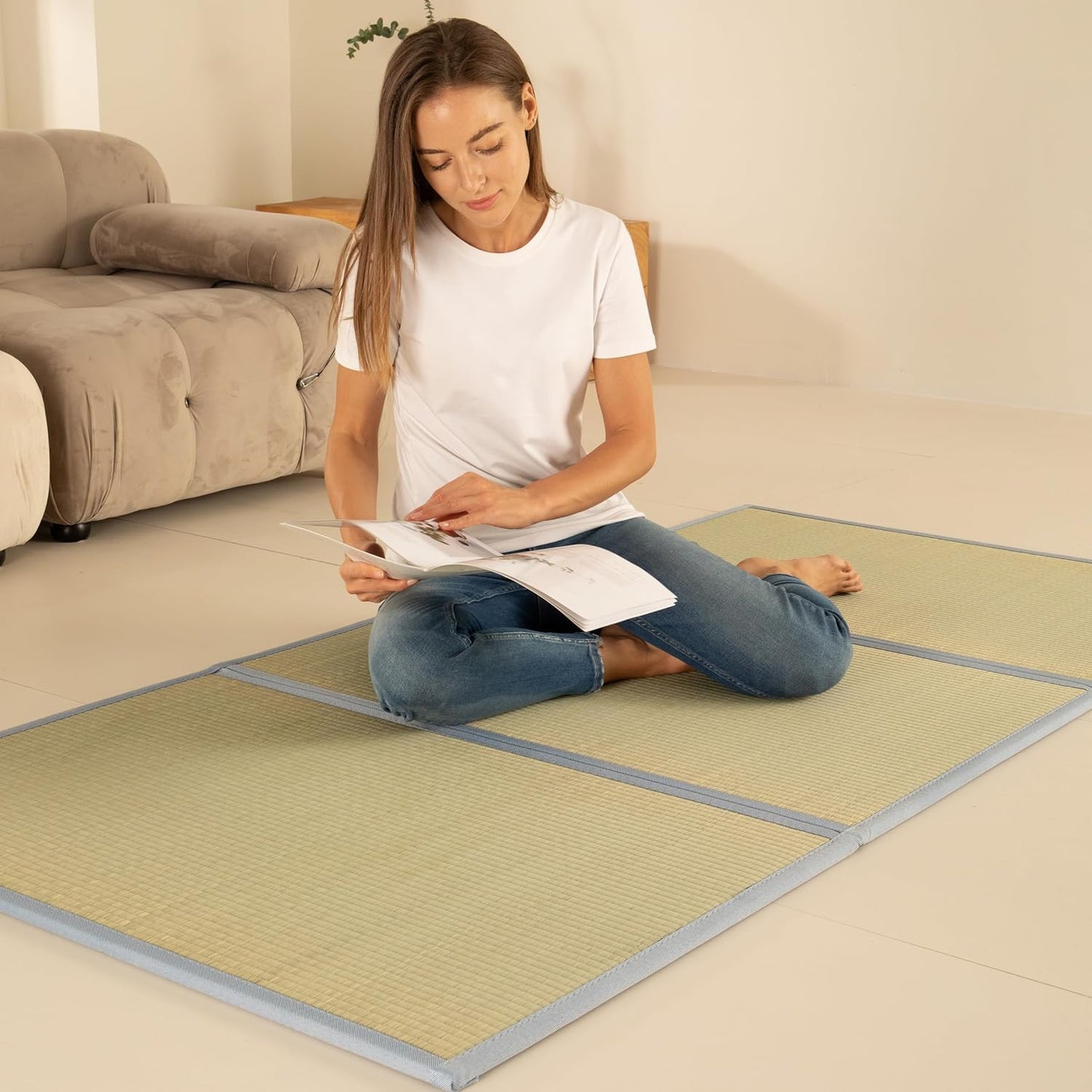 Tatami Mat Japanese Futon Mattress Portable Tatami Mattress Foldable Bed Frame Rush Grass (Twin XL)