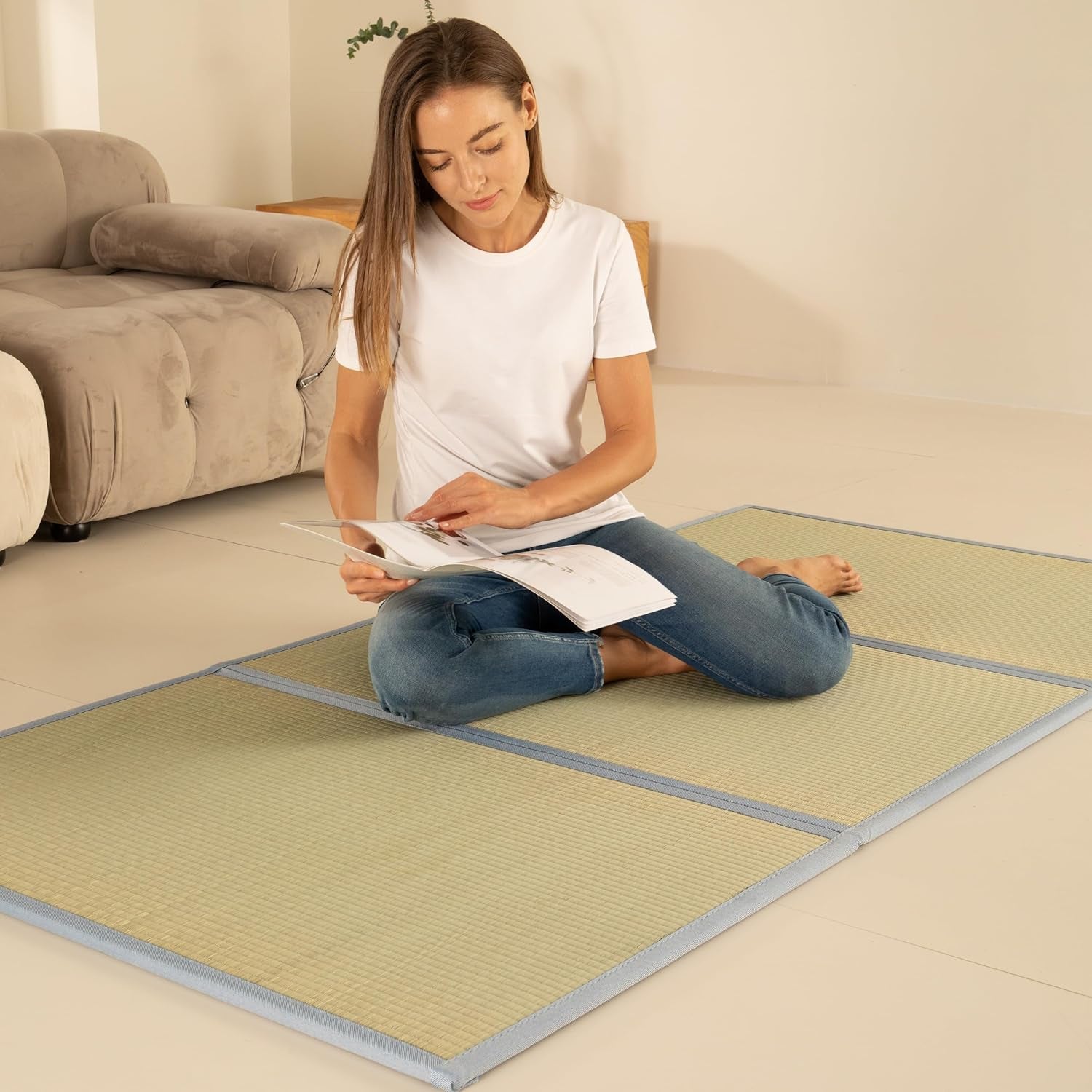 Tatami Mat Japanese Futon Mattress Portable Tatami Mattress Foldable Bed Frame Rush Grass (Twin XL)