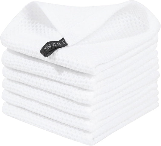 100% Cotton Waffle Weave Kitchen Dish Cloths, Ultra Soft Absorbent Quick Drying Dish Towels, 12 X 12 Inches, 6-Pack, White