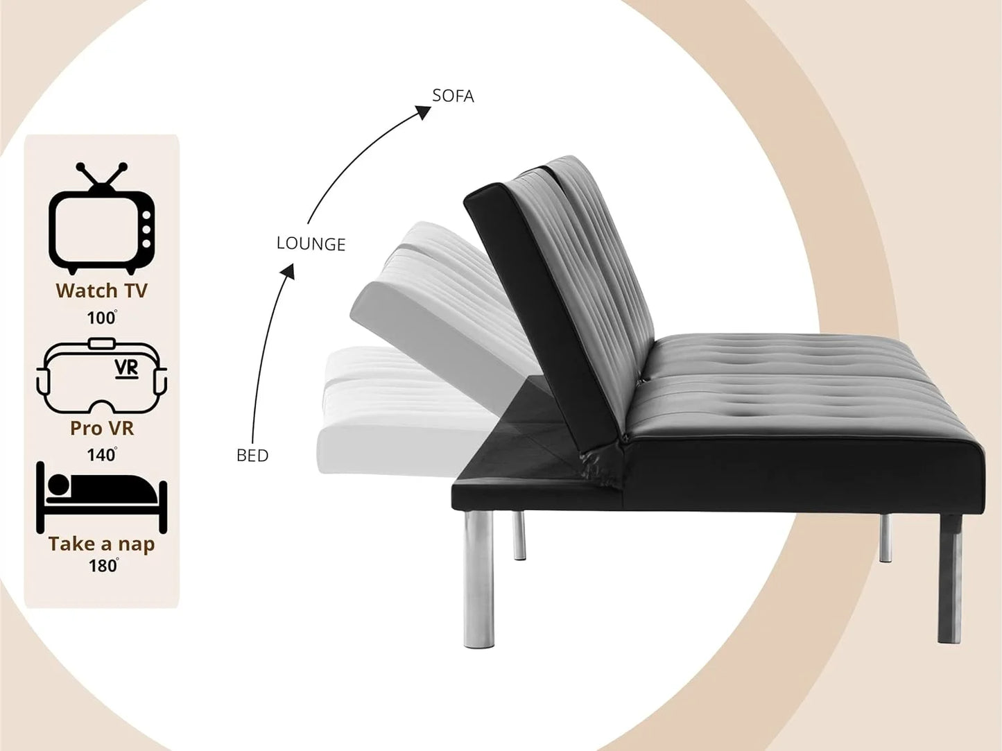 Tufted Split Back Futon Sofa Bed, Faux Leather Couch Bed, Futon Convertible Sofa Bed with Chrome Legs, Folding, Reclining Small Convertible Couch, Futon Couches for Living Room Black