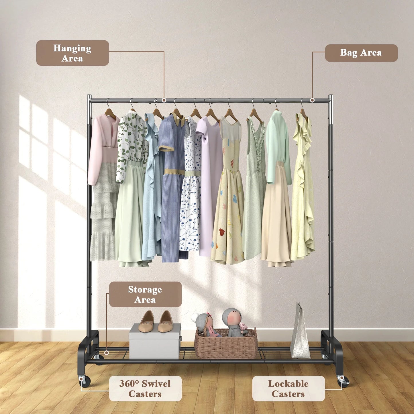 400 Lbs Heavy Duty Rolling Clothes Rack with Wheels, Portable Closet Organizer for Hanging Garment Rack