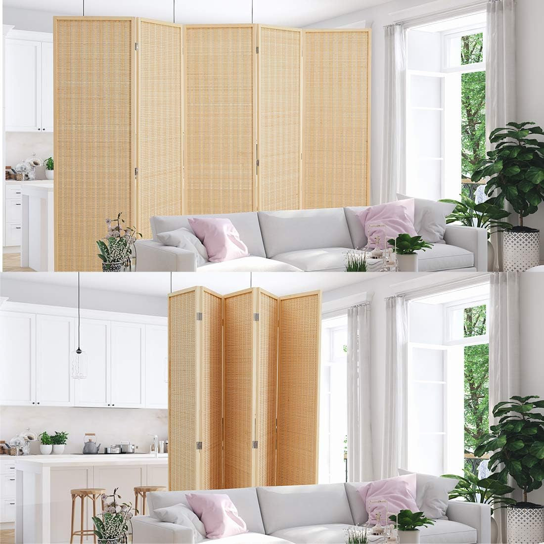 Room Divider Privacy Screen with Natural Bamboo,4-Panel 5-Panel 6-Panel Folding Privacy Screens,Freestanding Room Divider