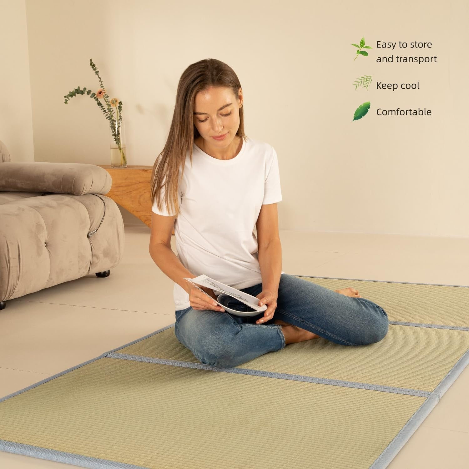 Tatami Mat Japanese Futon Mattress Portable Tatami Mattress Foldable Bed Frame Rush Grass (Twin XL)
