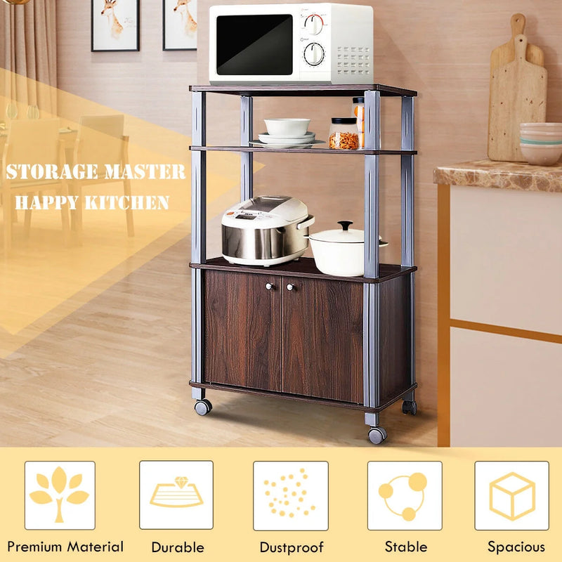 Bakers Rack Microwave Stand Rolling Storage Cart Multi-Functional Display Walnut