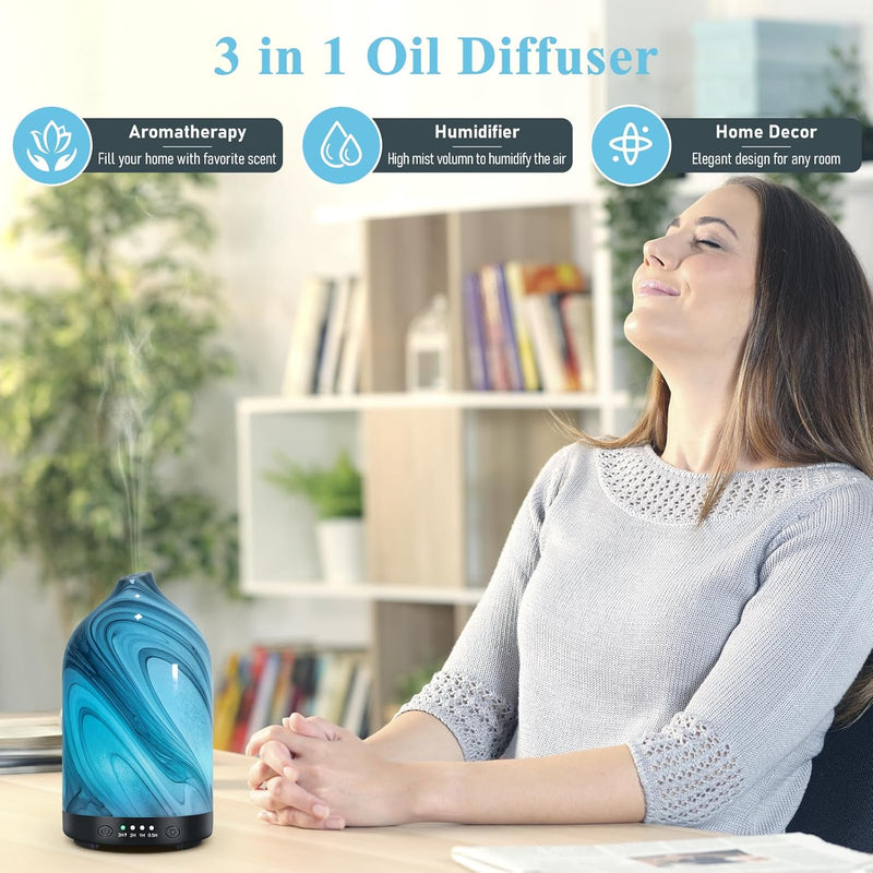 Essential Oil Diffuser Aromatherapy Diffuser - 120Ml Glass Ultrasonic Cool Mist Scent Aroma Diffuser, Whisper Quiet with Auto Shut-Off, 4 Timer Setting &7 Colors Night Light for Home (Grey Wave)