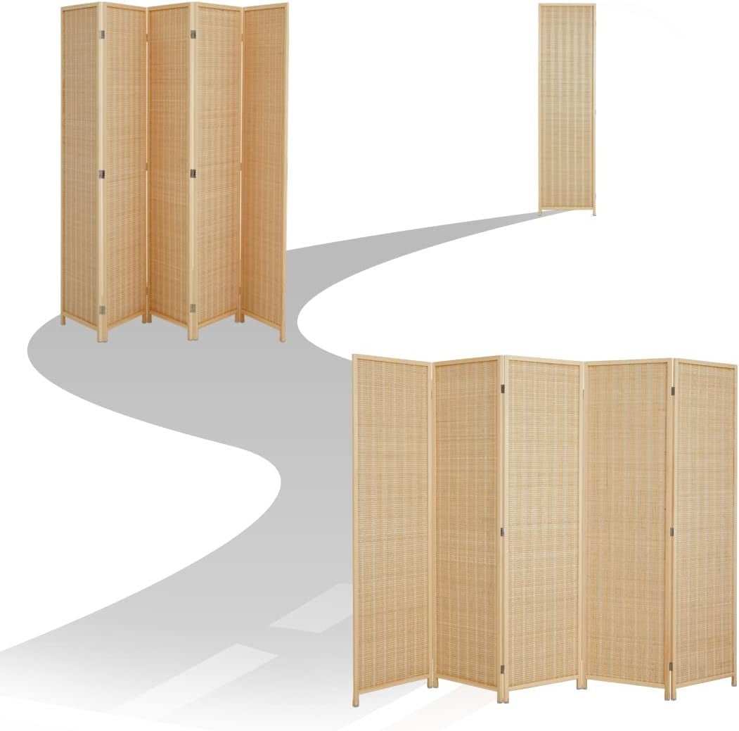 Room Divider Privacy Screen with Natural Bamboo,4-Panel 5-Panel 6-Panel Folding Privacy Screens,Freestanding Room Divider